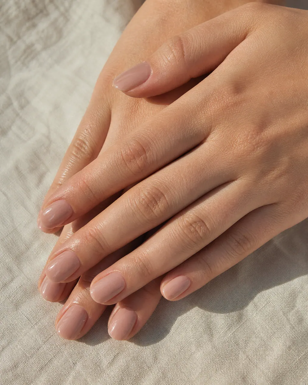 A pair of hands resting on a pale linen surface with a fresh glossy gel manicure in a soft neutral tone