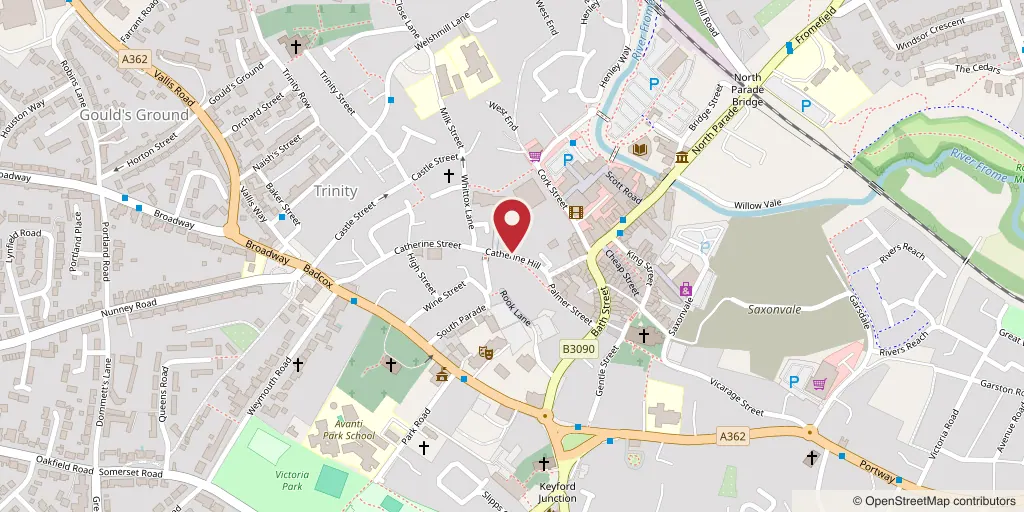 A street map of Frome with a marker on Juniper Nails at 9 Catherine Hill, Frome, BA11 1BY