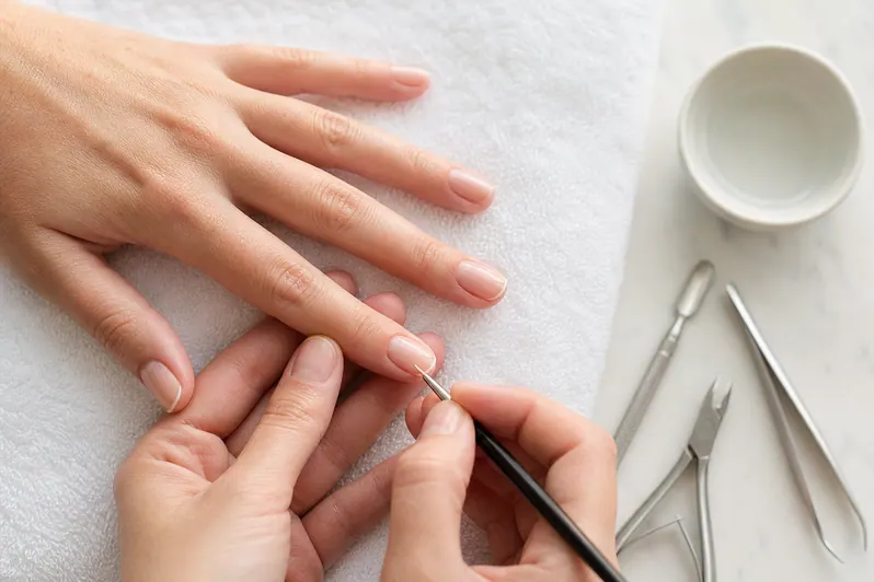 A close view of one hand being worked on at a manicure table, a fine brush and small tools laid out nearby
