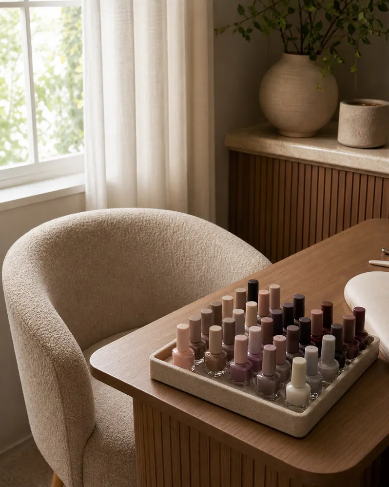 A quiet corner of a small nail studio, a single work chair and a tidy tray of polish bottles by a window